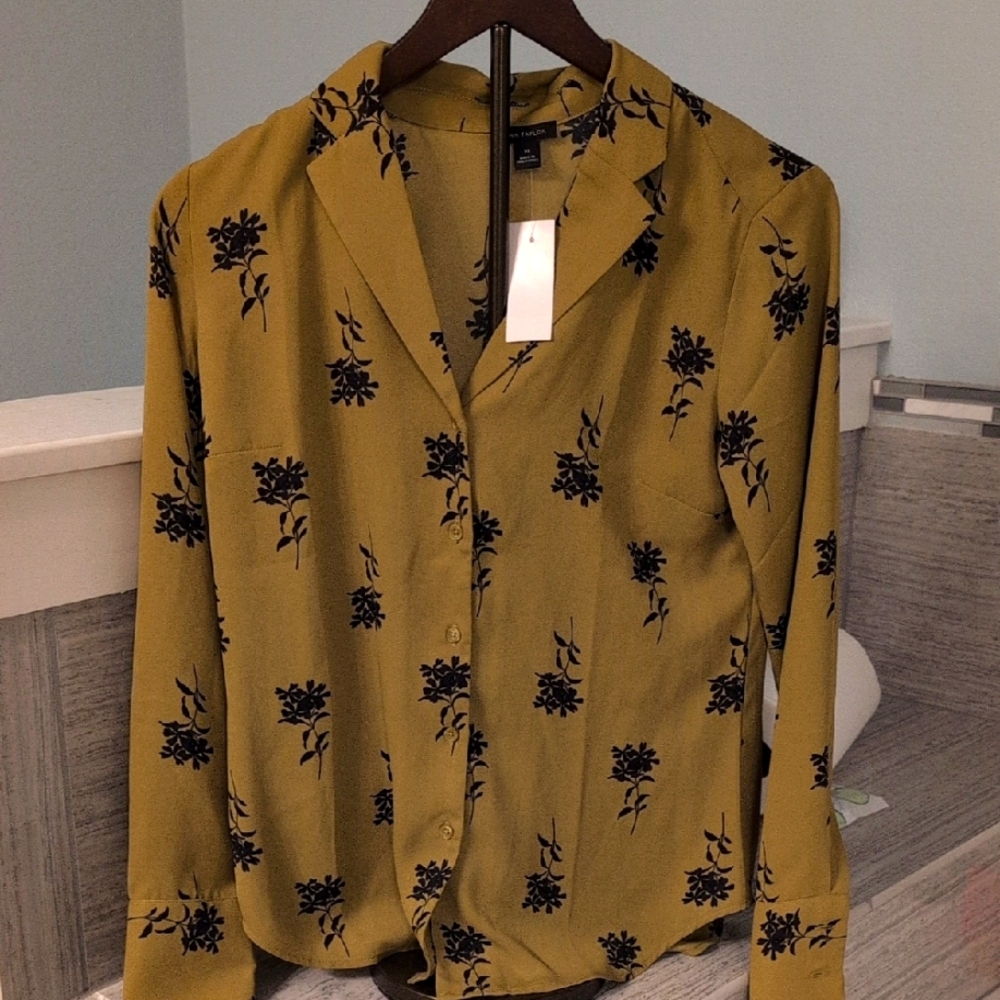 Mustard Floral Button-Up Blouse
